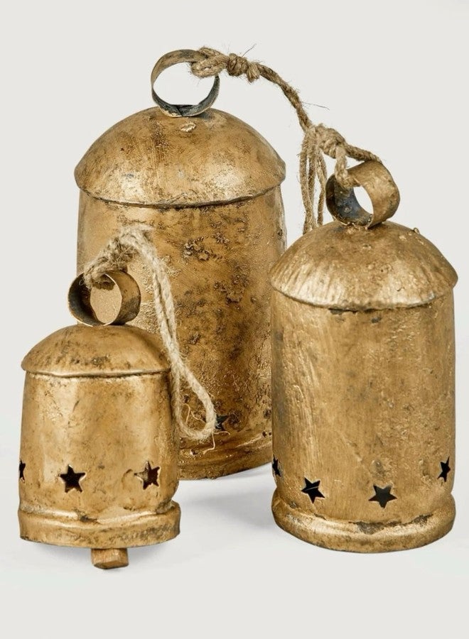 THOR INSTRUMENTS أجراس أبقار ريفية عتيقة الطراز، زينة عيد الميلاد، أجراس أسطوانية مصنوعة يدويًا للزينة، نجمة في الأسفل، مجموعة من 3 أجراس احتفالية للحديقة - Image 1